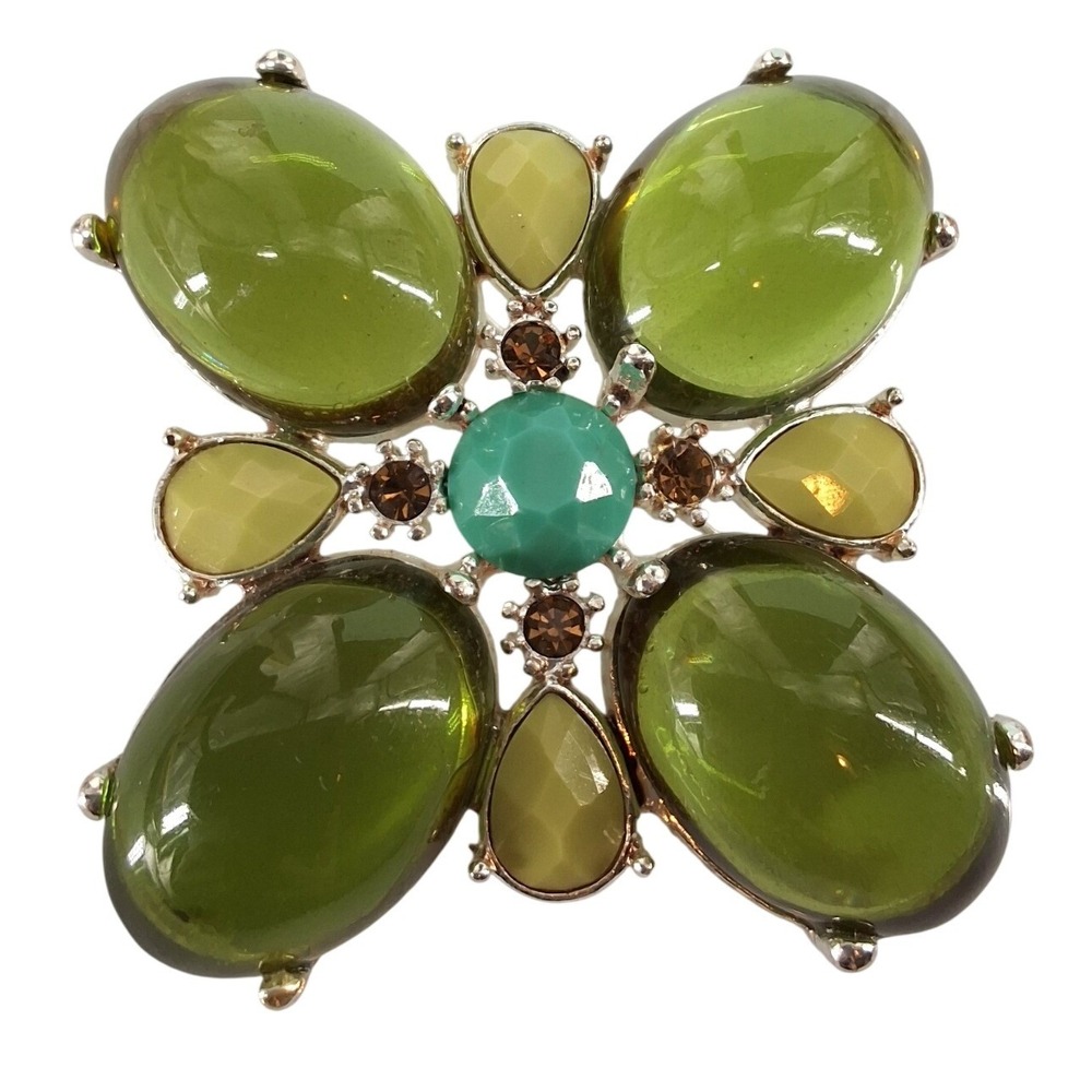 Vintage Green Cabochon Turquoise Silver Tone Quatrefoil Statement Brooch‎ Pin